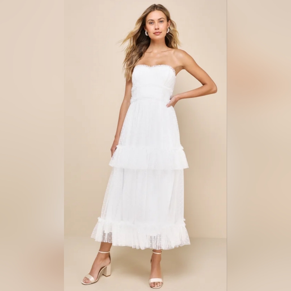NWT Lulu's Delightful Bliss White Mesh Swiss Dot Strapless Midi Dress Size S